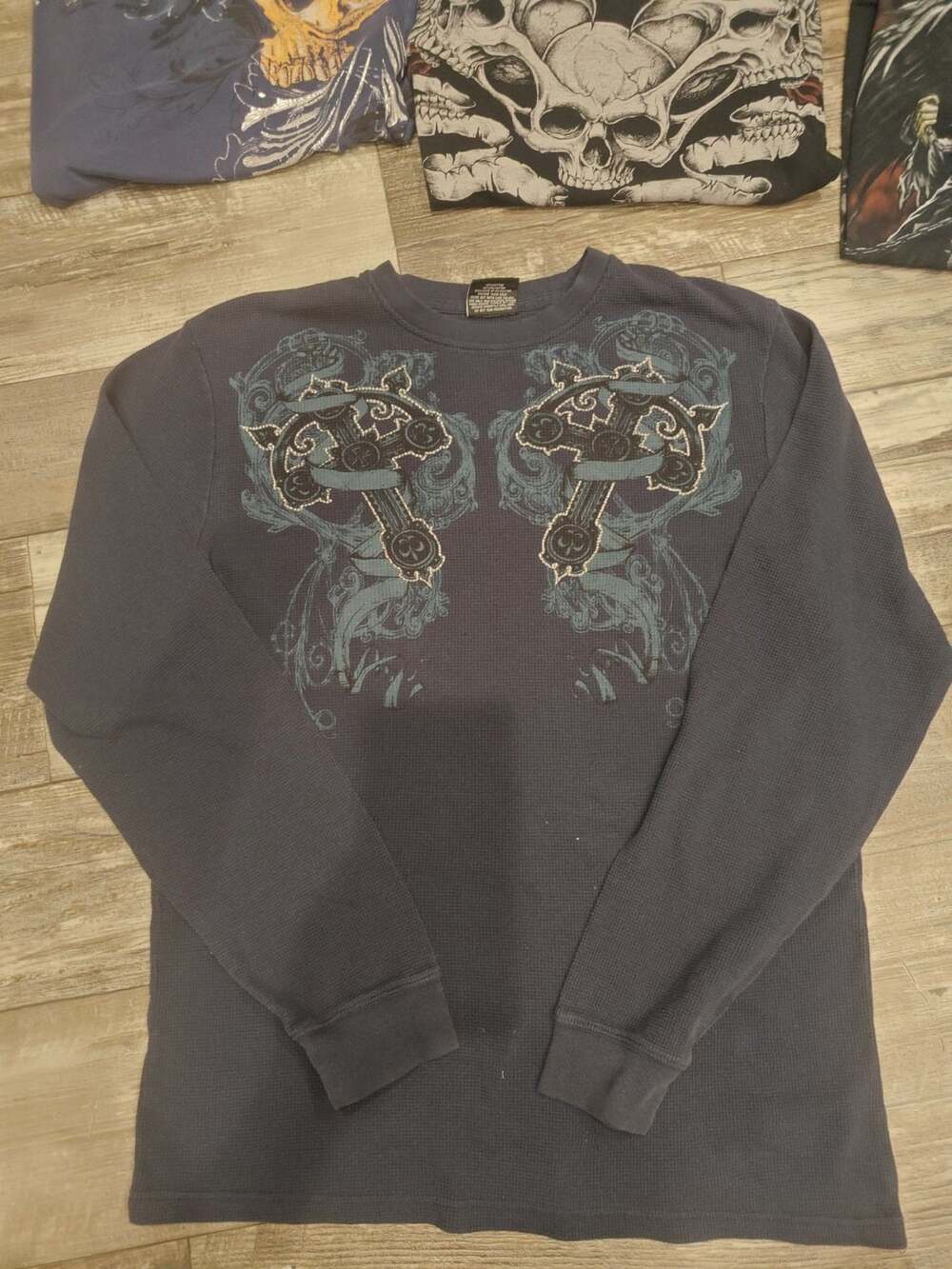 MMA Elite Shirt Men's XL Blue Waffle Thermal Long Sleeve Crosses Ribbons